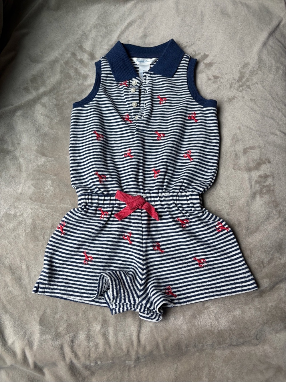 Polo by Ralph Lauren Navy & White Striped Sleeveless Romper with Red lobsters